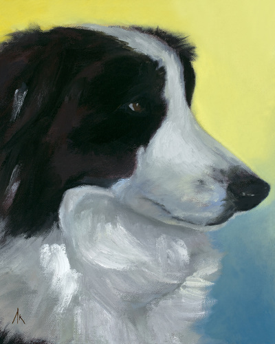Border Collie, Happiness Is,  Dog, Art, Pet, Portrait, Fine Art, Oil, Painting, Custom, Commission Your Own, Happiness Is, 
 The "Happiness is" series title is derived from the classic "Peanuts" comic strip statement 'Happiness is a warm puppy'. I began the series creating gifts of dog portraits of family and friends' furry companions. Now many of the paintings are available as canvas prints, reproductions start at $50 and magnets of your favs are just $3. Ideal for homes and the lobbies and interiors of any animal related business (vet clinics, grooming, boarding, supplies etc) or organization (aspca, humane society, rescues, shelters, etc). A portion of each print sale goes to no-kill shelters and rescues to help animals find their people. If anyone is of interest in learning more about what we can do for their space just contact me.