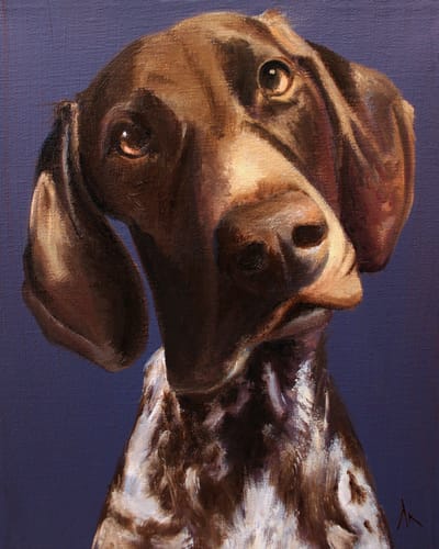 German Shorthaired Pointer, Happiness Is,  Dog, Art, Pet, Portrait, Fine Art, Oil, Painting, Custom, Commission Your Own, Happiness Is, 
 The "Happiness is" series title is derived from the classic "Peanuts" comic strip statement 'Happiness is a warm puppy'. I began the series creating gifts of dog portraits of family and friends' furry companions. Now many of the paintings are available as canvas prints, reproductions start at $50 and magnets of your favs are just $3. Ideal for homes and the lobbies and interiors of any animal related business (vet clinics, grooming, boarding, supplies etc) or organization (aspca, humane society, rescues, shelters, etc). A portion of each print sale goes to no-kill shelters and rescues to help animals find their people. If anyone is of interest in learning more about what we can do for their space just contact me.