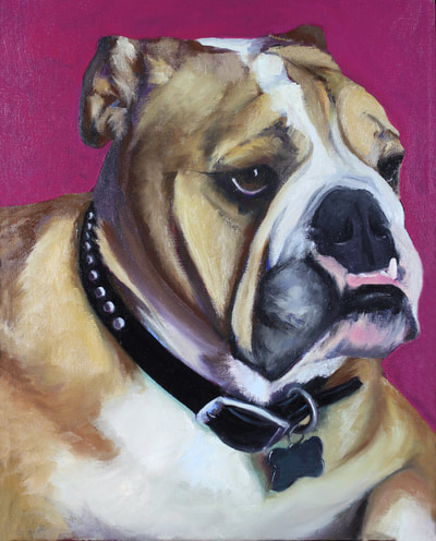 English Bull Dog, Happiness Is,  Dog, Art, Pet, Portrait, Fine Art, Oil, Painting, Custom, Commission Your Own, Happiness Is, 
 The "Happiness is" series title is derived from the classic "Peanuts" comic strip statement 'Happiness is a warm puppy'. I began the series creating gifts of dog portraits of family and friends' furry companions. Now many of the paintings are available as canvas prints, reproductions start at $50 and magnets of your favs are just $3. Ideal for homes and the lobbies and interiors of any animal related business (vet clinics, grooming, boarding, supplies etc) or organization (aspca, humane society, rescues, shelters, etc). A portion of each print sale goes to no-kill shelters and rescues to help animals find their people. If anyone is of interest in learning more about what we can do for their space just contact me.