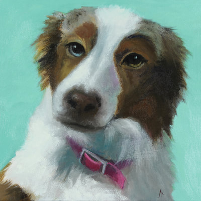 Mini Aussie, Happiness Is,  Dog, Art, Pet, Portrait, Fine Art, Oil, Painting, Custom, Commission Your Own, Happiness Is, 
 The "Happiness is" series title is derived from the classic "Peanuts" comic strip statement 'Happiness is a warm puppy'. I began the series creating gifts of dog portraits of family and friends' furry companions. Now many of the paintings are available as canvas prints, reproductions start at $50 and magnets of your favs are just $3. Ideal for homes and the lobbies and interiors of any animal related business (vet clinics, grooming, boarding, supplies etc) or organization (aspca, humane society, rescues, shelters, etc). A portion of each print sale goes to no-kill shelters and rescues to help animals find their people. If anyone is of interest in learning more about what we can do for their space just contact me.