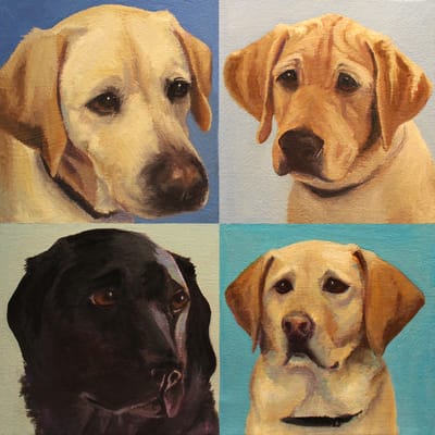 Lab, Guide Dogs, Happiness Is,  Dog, Art, Pet, Portrait, Fine Art, Oil, Painting, Custom, Commission Your Own, Happiness Is, 
 The "Happiness is" series title is derived from the classic "Peanuts" comic strip statement 'Happiness is a warm puppy'. I began the series creating gifts of dog portraits of family and friends' furry companions. Now many of the paintings are available as canvas prints, reproductions start at $50 and magnets of your favs are just $3. Ideal for homes and the lobbies and interiors of any animal related business (vet clinics, grooming, boarding, supplies etc) or organization (aspca, humane society, rescues, shelters, etc). A portion of each print sale goes to no-kill shelters and rescues to help animals find their people. If anyone is of interest in learning more about what we can do for their space just contact me.