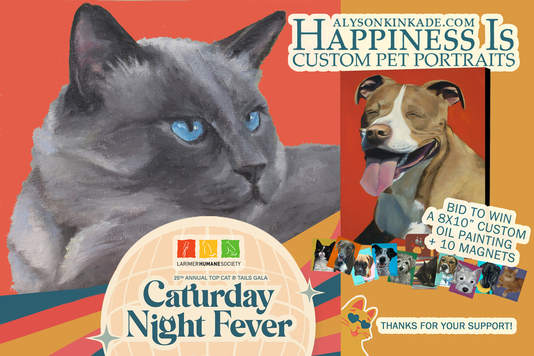 Bid on an Alyson Kinkade 'Happiness Is' custom painting of your pet plus 10 'Happiness Is' magnets. Winning Pet Portrait is 10x8