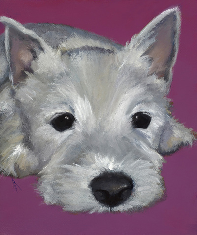 Westie, Happiness Is,  Dog, Art, Pet, Portrait, Fine Art, Oil, Painting, Custom, Commission Your Own, Happiness Is, 
 The "Happiness is" series title is derived from the classic "Peanuts" comic strip statement 'Happiness is a warm puppy'. I began the series creating gifts of dog portraits of family and friends' furry companions. Now many of the paintings are available as canvas prints, reproductions start at $50 and magnets of your favs are just $3. Ideal for homes and the lobbies and interiors of any animal related business (vet clinics, grooming, boarding, supplies etc) or organization (aspca, humane society, rescues, shelters, etc). A portion of each print sale goes to no-kill shelters and rescues to help animals find their people. If anyone is of interest in learning more about what we can do for their space just contact me.