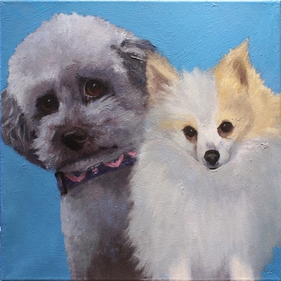 Poodle and Pom, Happiness Is,  Dog, Art, Pet, Portrait, Fine Art, Oil, Painting, Custom, Commission Your Own, Happiness Is, 
 The "Happiness is" series title is derived from the classic "Peanuts" comic strip statement 'Happiness is a warm puppy'. I began the series creating gifts of dog portraits of family and friends' furry companions. Now many of the paintings are available as canvas prints, reproductions start at $50 and magnets of your favs are just $3. Ideal for homes and the lobbies and interiors of any animal related business (vet clinics, grooming, boarding, supplies etc) or organization (aspca, humane society, rescues, shelters, etc). A portion of each print sale goes to no-kill shelters and rescues to help animals find their people. If anyone is of interest in learning more about what we can do for their space just contact me.