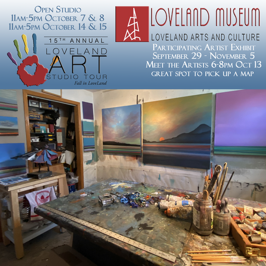Alyson Kinkade Fine Art Open Studio: 2023 Loveland Art Studio Tour: 11-5pm Oct 7 & 8 at artist studios Oct 14 & 15 at artist studios click here for map; Studio Tour Exhibit Preview: Sept 29-Nov 5 at the Loveland Museum 503 N Lincoln Ave, Loveland, CO 80537 Meet the Artists Night: Oct 13, 6-8 pm at the Loveland Museum; I've signed up for the Loveland Art Studio Tour since it's my first year that I won't be working at the gallery for the first time in 30 years! ​ Take advantage of this occasion!  It is rare for me to open my studio to the public (honestly, it's even rare for family and friends). The actual studio isn't large, but it is adjacent to my living room where I will have several finished pieces on display for sale. I'll have varied sizes and price points and I hope you find a painting that resonates with you well enough to want to live with it. ​ I look forward to showing you what I'm working on this Fall.